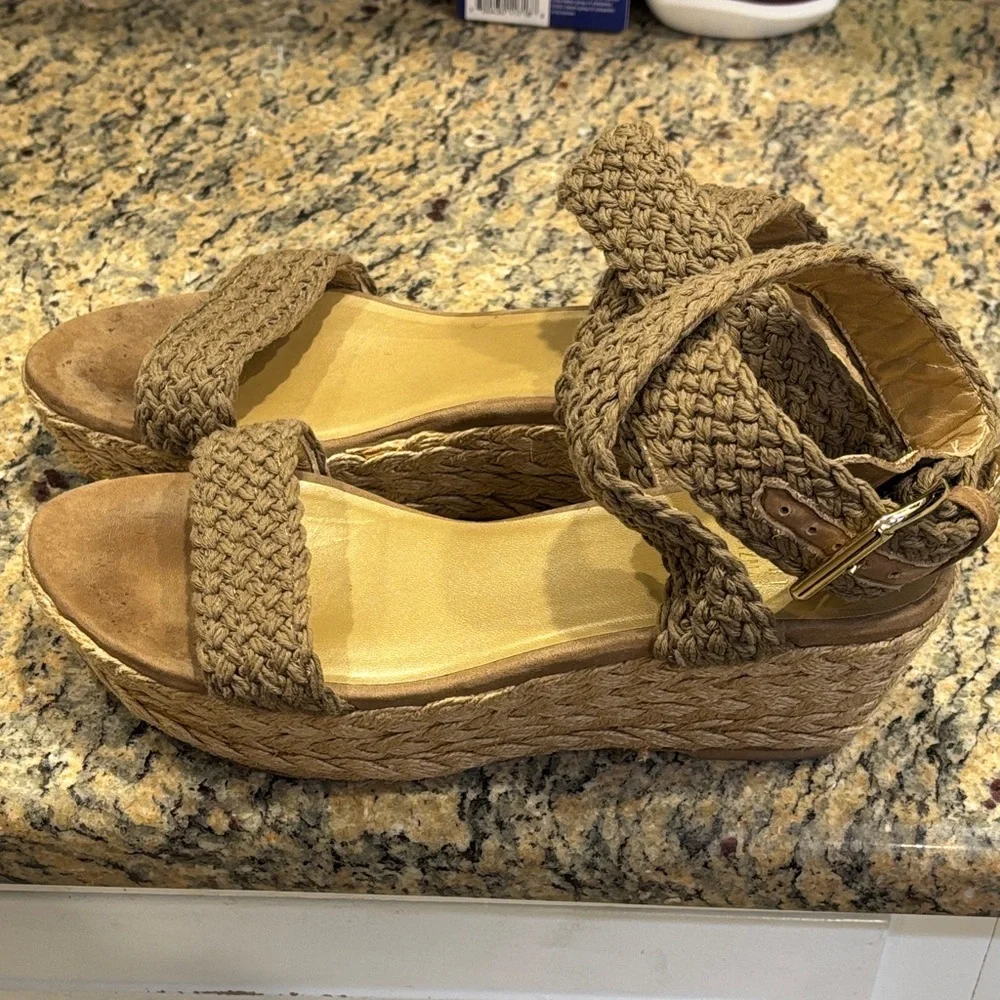 Stuart Weitzman Espadrille Wedge Sandals Ankle Wrap Size 6.5 Neutral - Picture 5 of 13